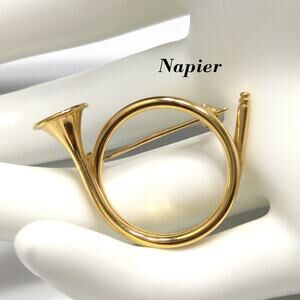 Napier Gold Tone French Horn Brooch 1950s Mid Century Signed Vintage